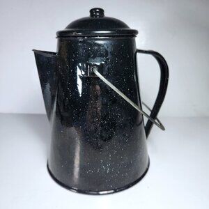 Vintage Enamel Coffee Pot Black Speckled Rustic Farmhouse Kitchen Decor